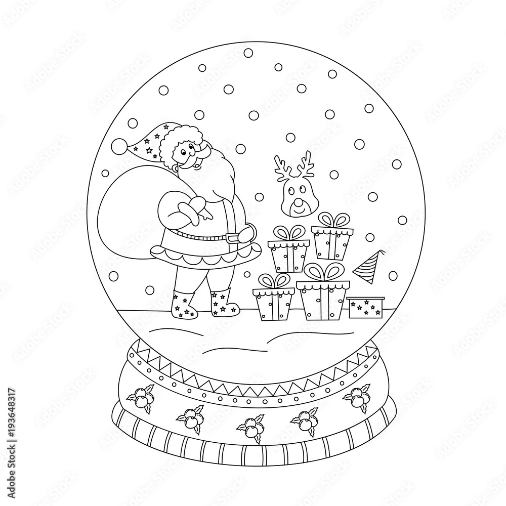 Coloring book page of christmas snow globe with santa claus hand drawn vector illustration vector