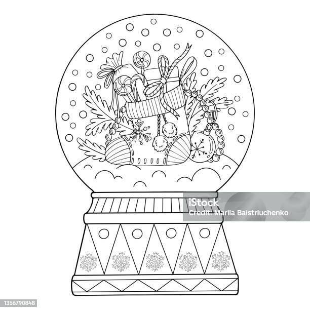 Coloring page snow globe thin line art a christmas gift winter decor hand drawn vector illustration isolated simple doodle element coloring book for children and adults stock illustration
