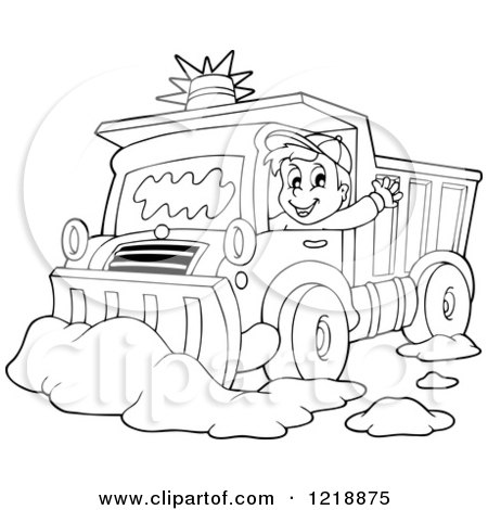 Clipart of an outlined happy snow plough driver waving