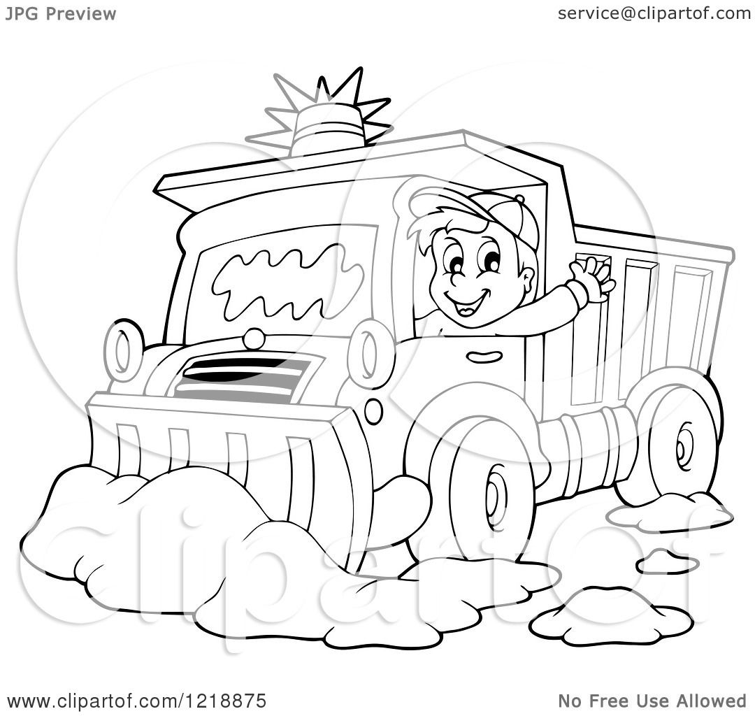 Clipart of an outlined happy snow plough driver waving