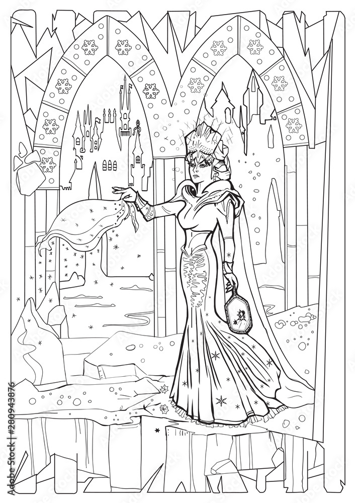 The snow queen black and white coloring page vector