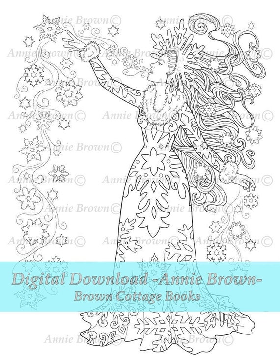 Snow queen coloring page line art snow flakes instant download fantasy snowflake princess by annie brown hand