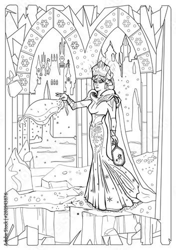 The snow queen black and white coloring page vector
