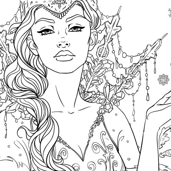 Snow queen adult coloring page fantasy line art by lineartsy coloring book pages coloring pages adult coloring page