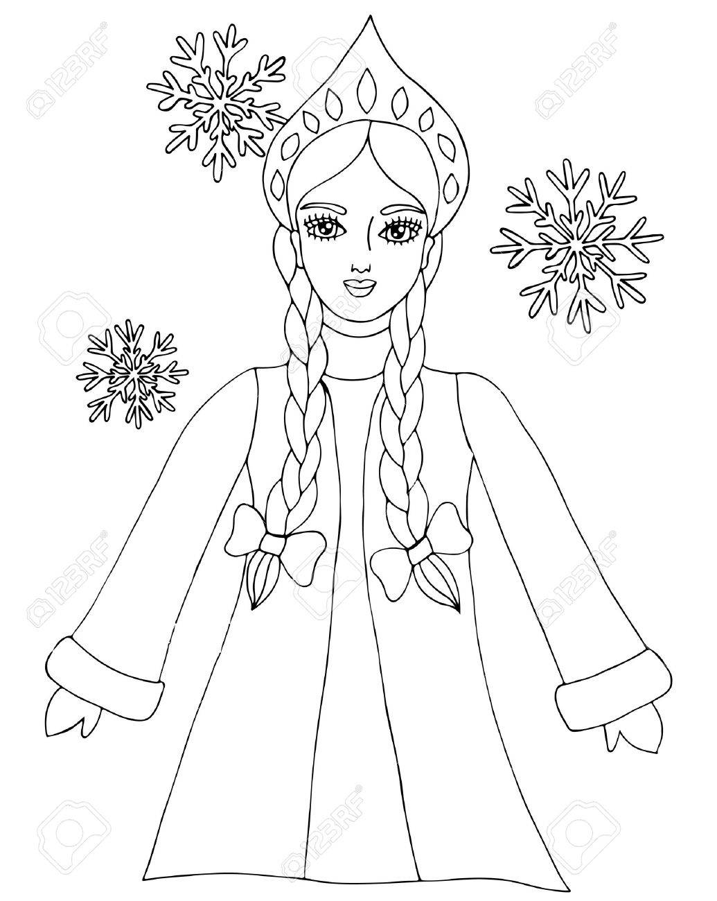 Snow queen winter girl with snowflake mono color black line art element for adult coloring book page design royalty free svg cliparts vectors and stock illustration image