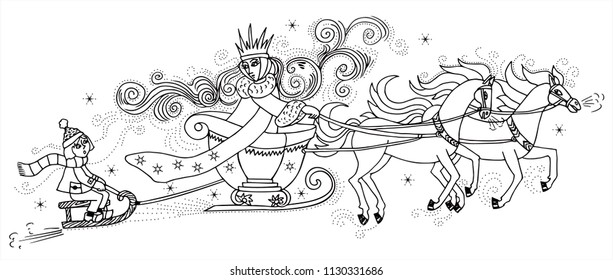 Hakuun snow queen carriage horses boy on liittyvã vektorikuva rojaltivapaa