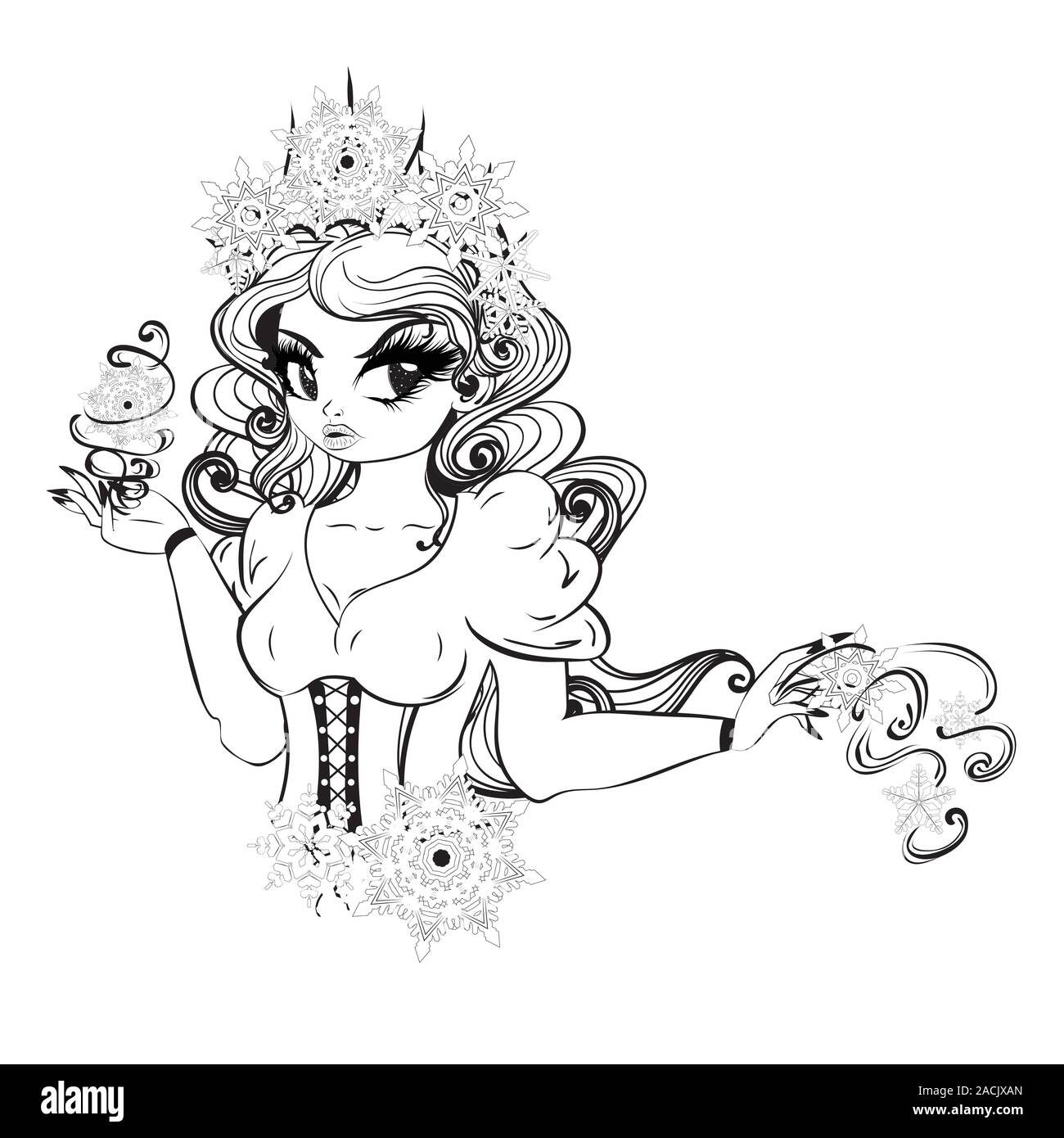 Cartoon snow queen with snowflakes black and white vintage illustration stock vector image art