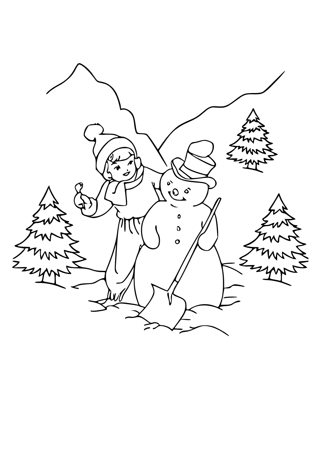 Free printable snowman shovel coloring page sheet and picture for adults and kids girls and boys