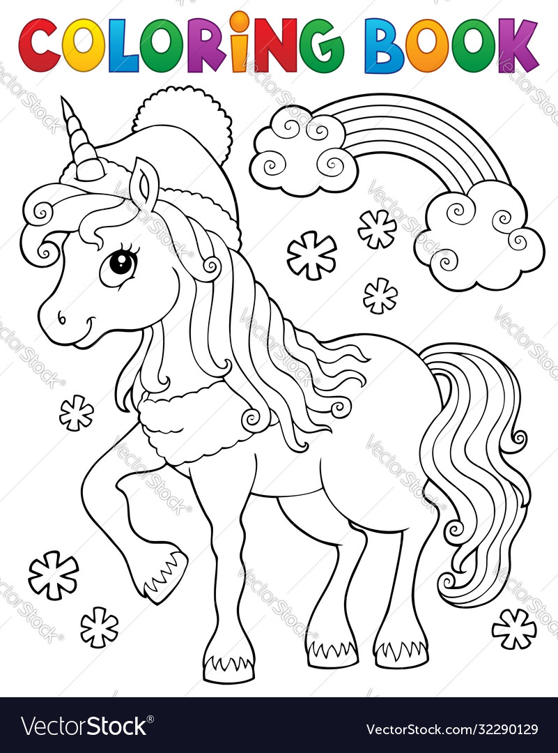 Coloring book winter unicorn theme royalty free vector