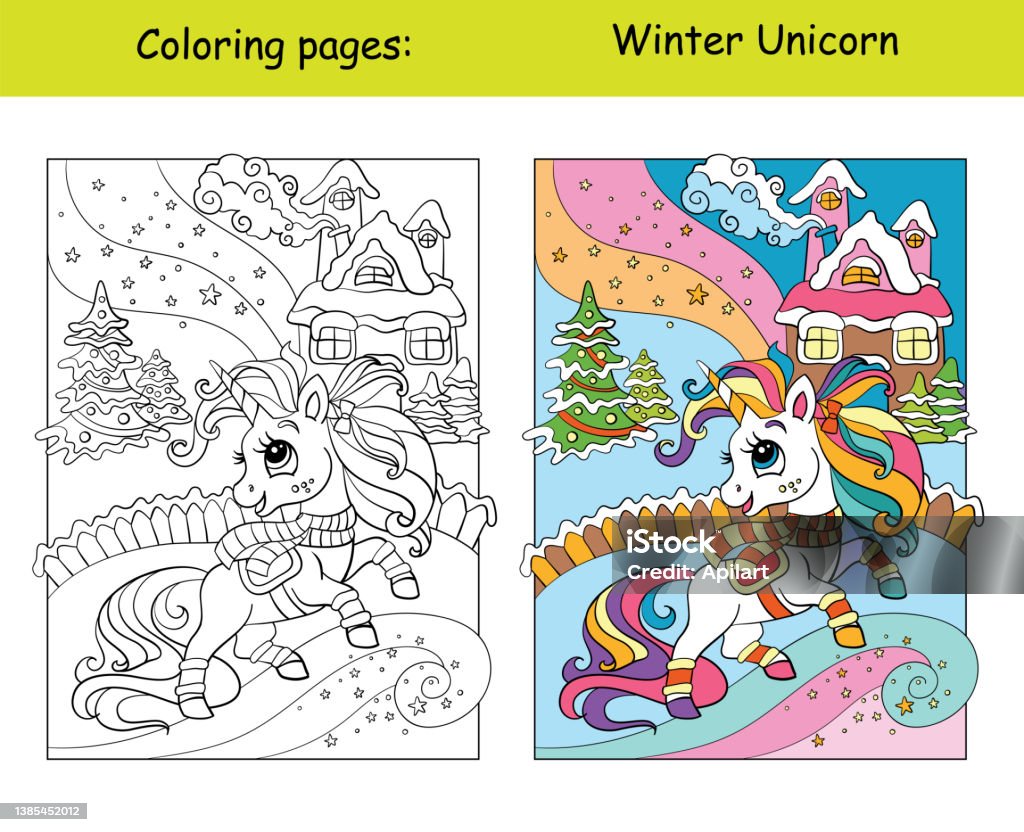 Coloring with template cute unicorn on a winter background stock illustration