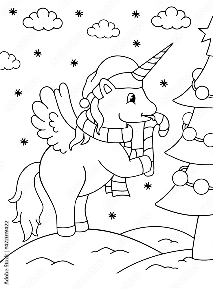 Merry christmas unicorn coloring hand drawn vector illustration magical animal coloring book pages for adults and kids winter snow is falling unicorn decorates a christmas tree