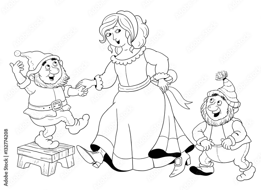 The snow white and seven dwarfs fairy tale coloring page cute snow white dancing with dwarfs illustration