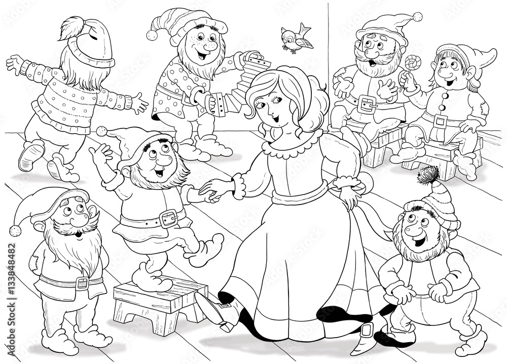 The snow white and seven dwarfs fairy tale coloring page cute and funny cartoon characters illustration