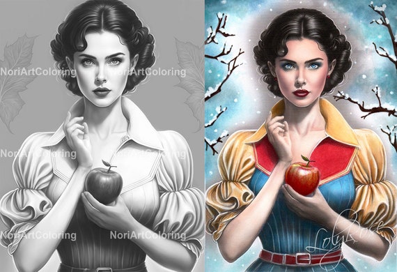 Beautiful snow white coloring page fairytale coloring pages printable adult coloring pages download grayscale illustration