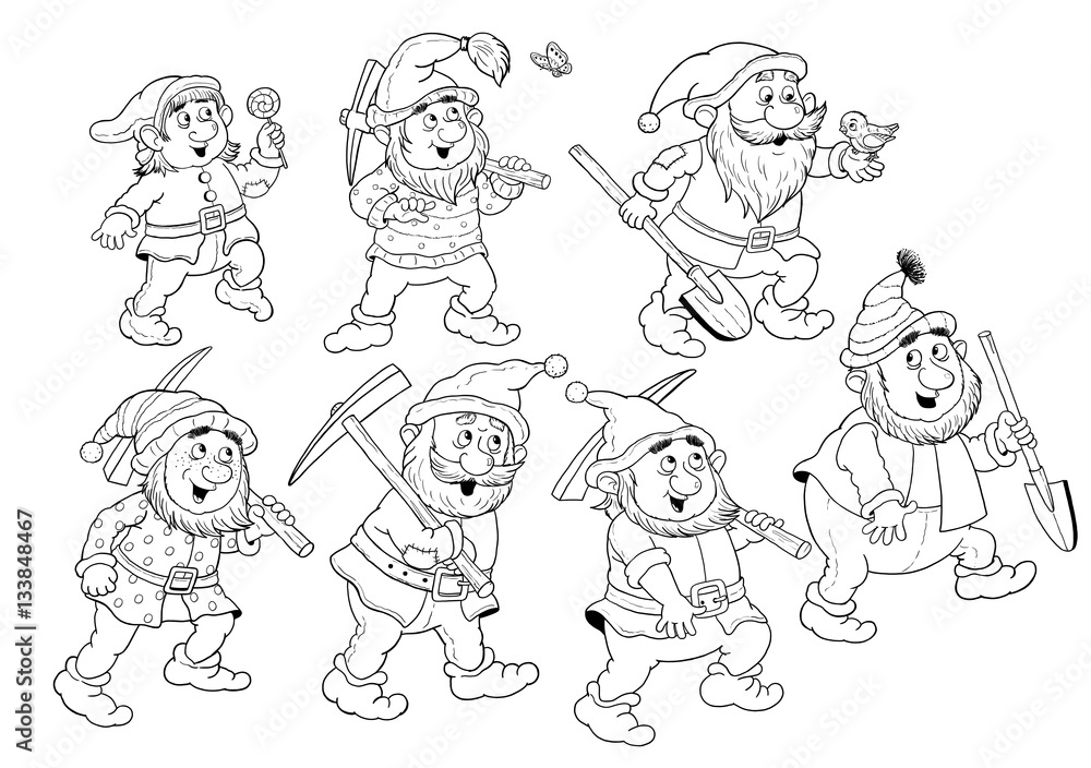 The snow white and seven dwarfs fairy tale coloring page cute and funny cartoon characters illustration