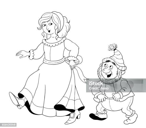 Snow white and the seven dwarfs fairy tale coloring page illustration for children stock illustration