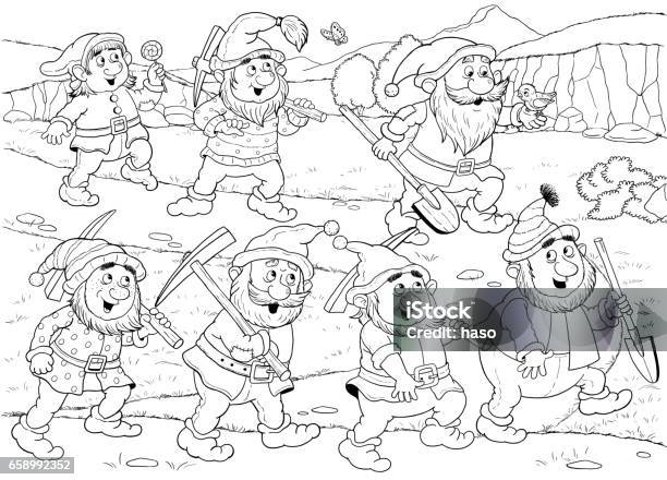 Snow white and the seven dwarfs fairy tale coloring page coloring book illustration for children cute and funny cartoon characters stock illustration