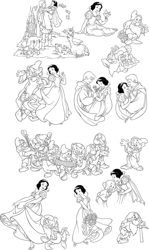 Snow white and the seven dwarfs line art free vector cdr download