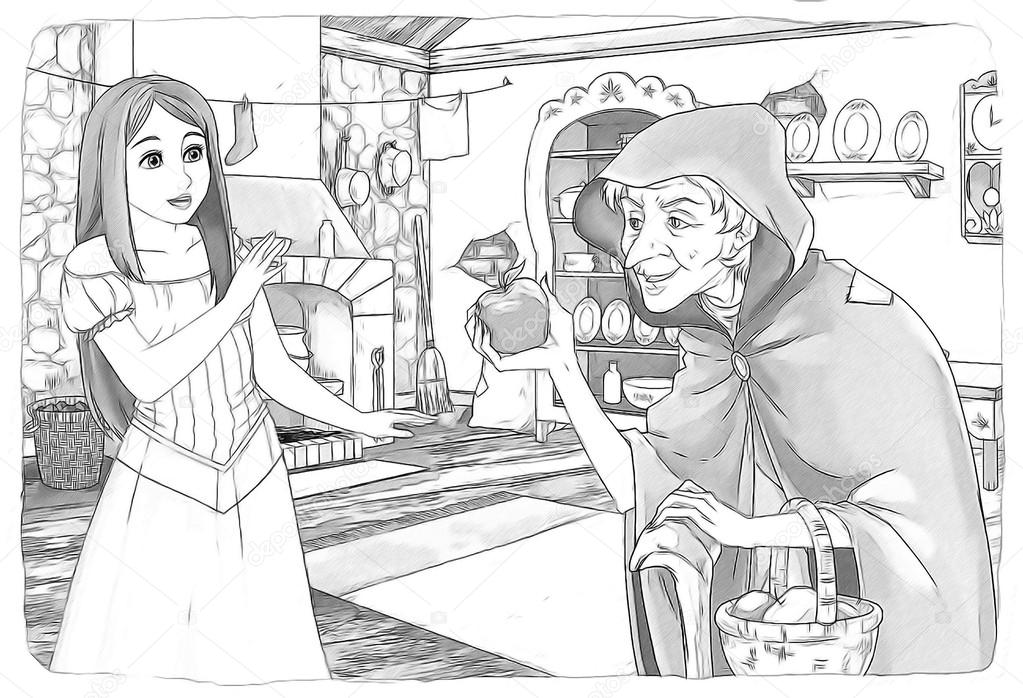 The sketch coloring page snow white and the seven dwarfs stock illustration by illustratorhft