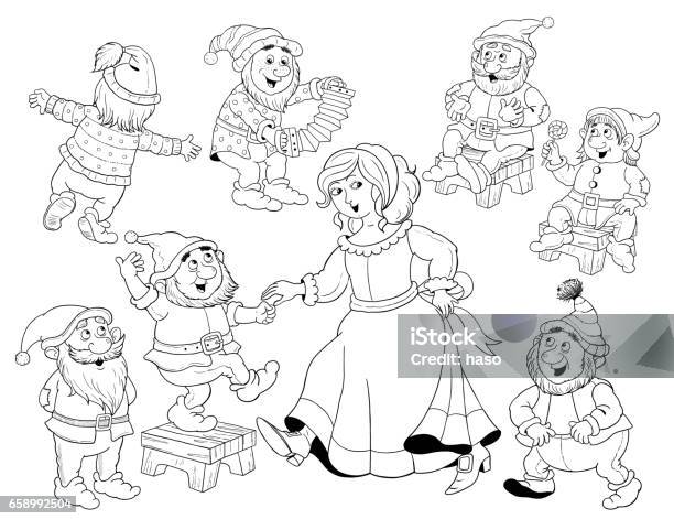Snow white and the seven dwarfs fairy tale coloring page coloring book illustration for children cute and funny cartoon characters stock illustration