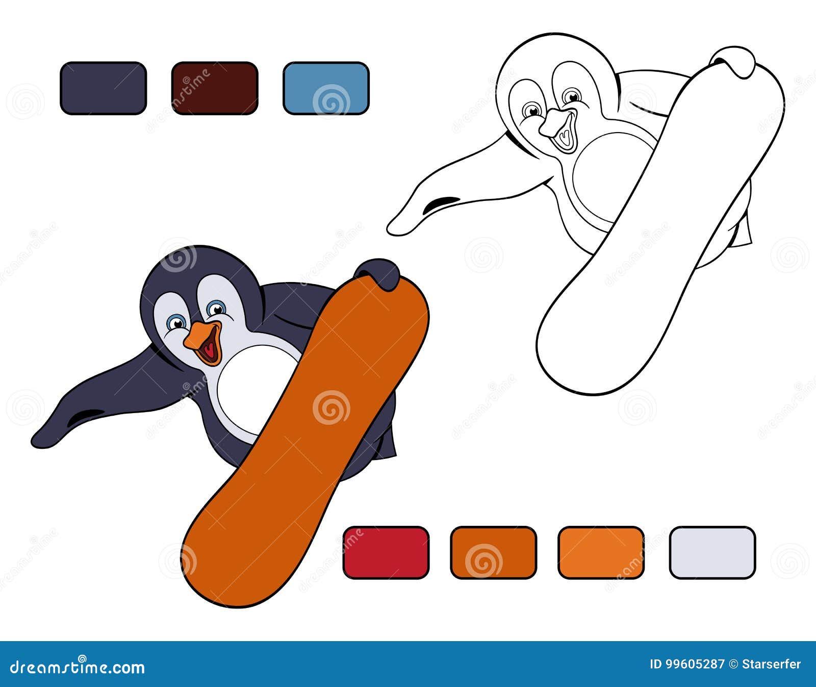 Fat laughing penguin makes jump on the snowboard stock vector