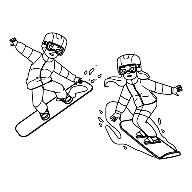 Premium vector snowboarding kid vector active snowboard winter sport snowboarder happy fun snow season young snowboarding kid character people black line illustration