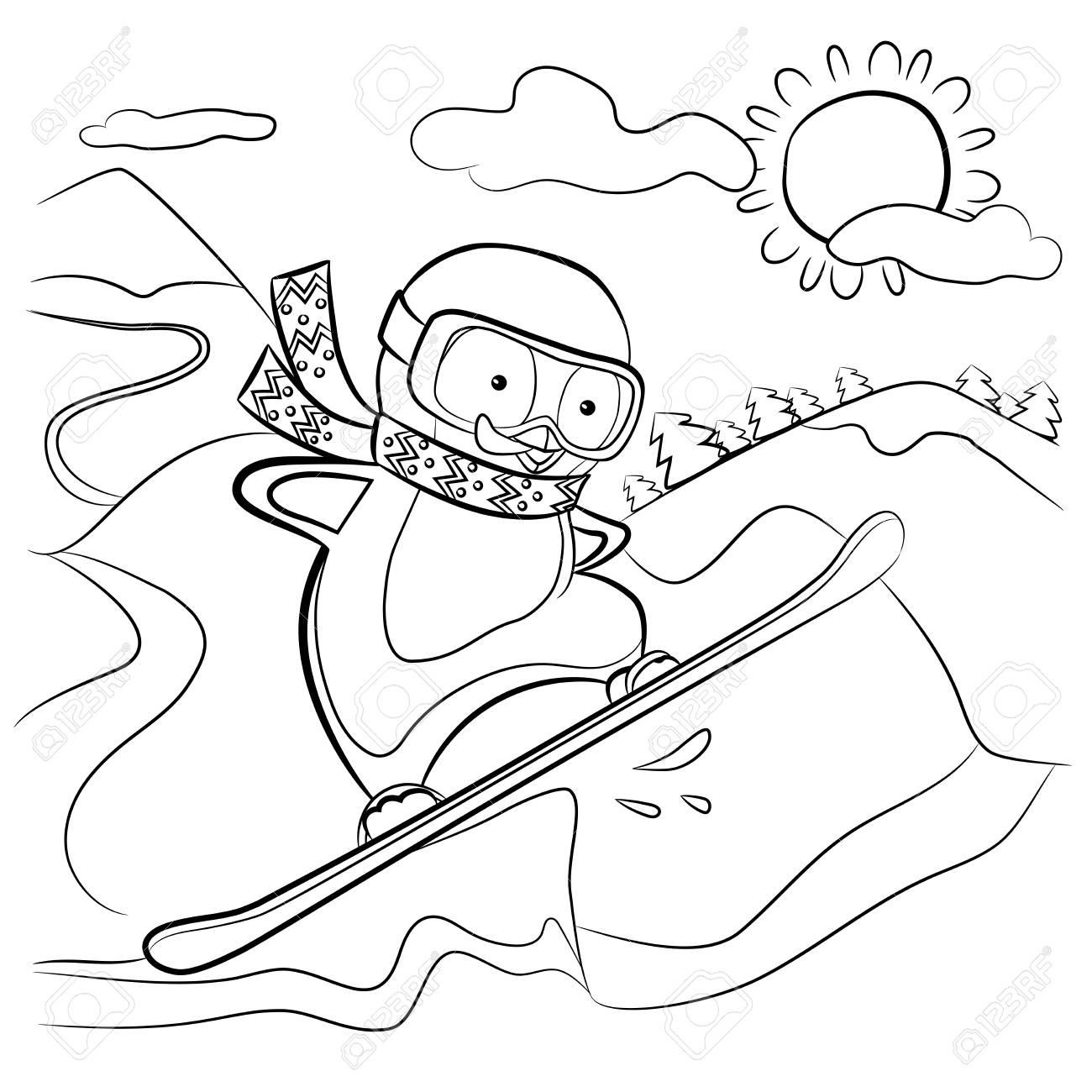 Kids coloring page penguin snowboarder vector illustration royalty free svg cliparts vectors and stock illustration image