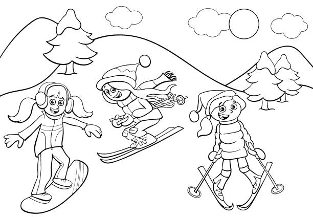 Snowboarding and skiing girls cartoon color book page stock illustration