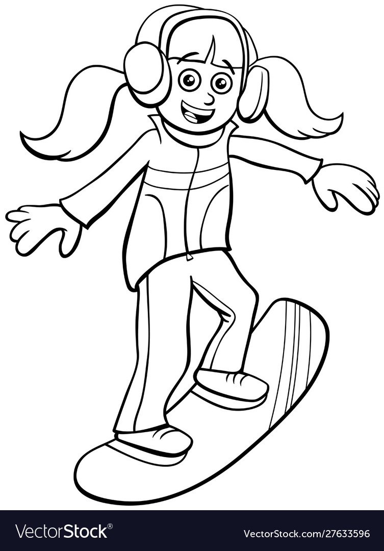 Snowboarding girl cartoon coloring book page vector image