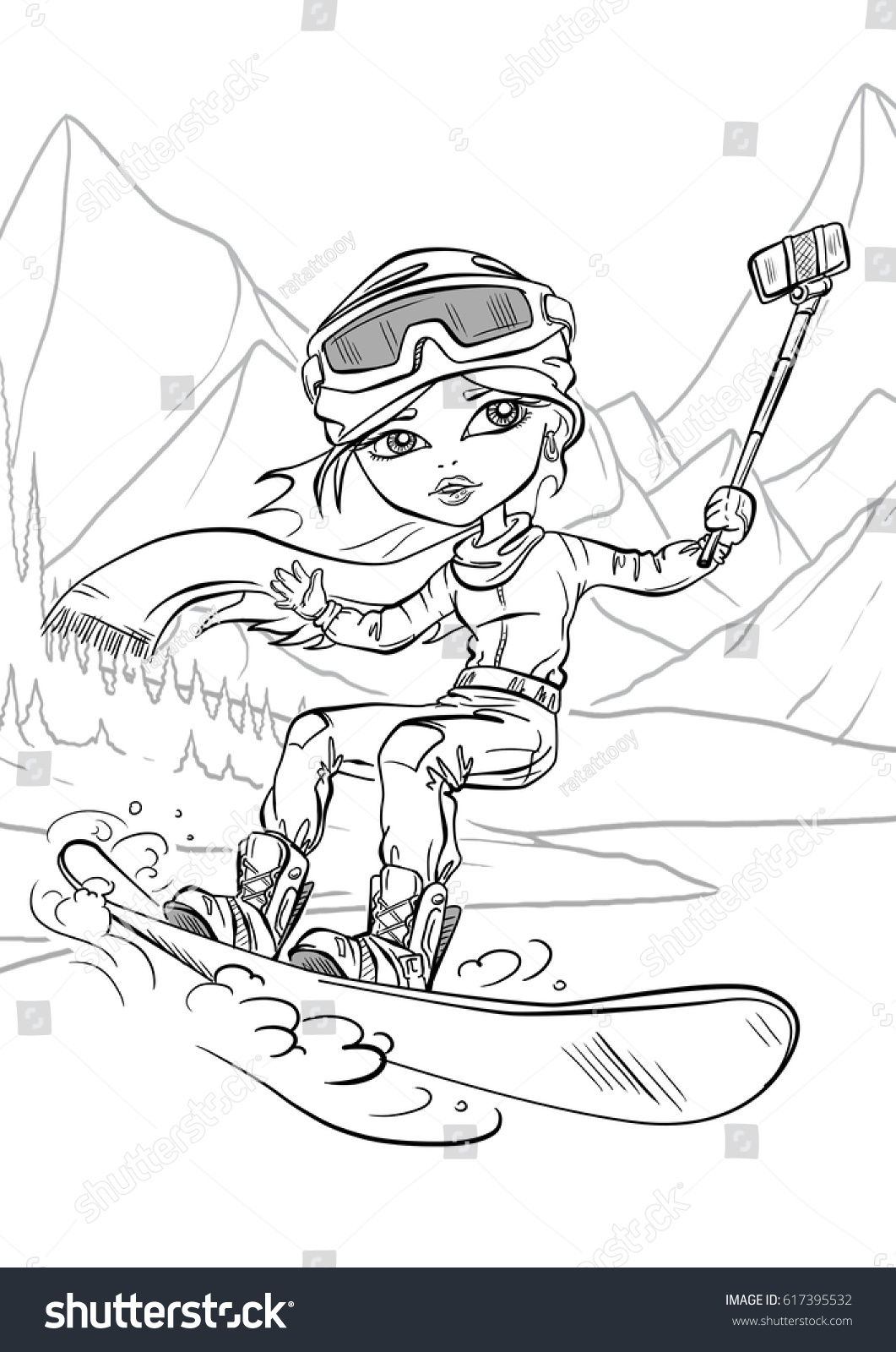 Coloring girl snowboard stock illustration