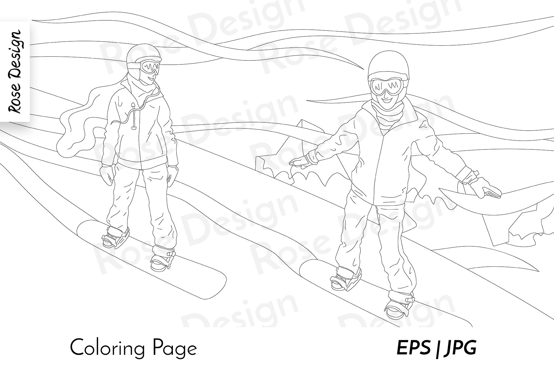 Monochrome line art snowboarders on mountain coloring page