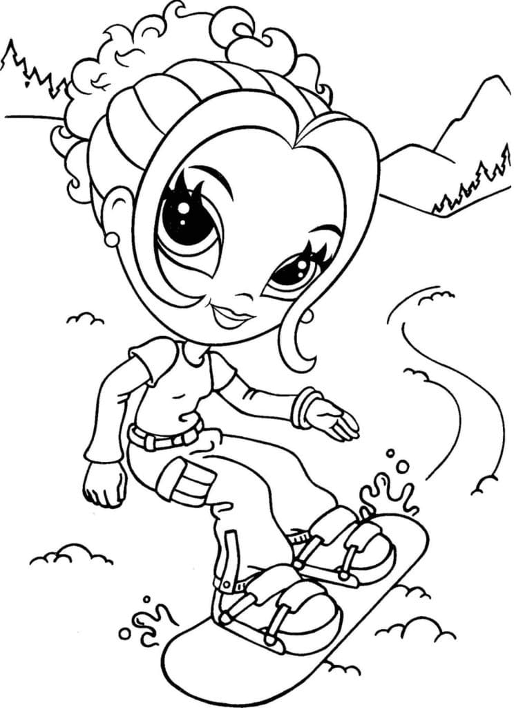 Lisa frank is snowboarding coloring page