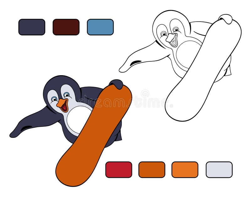 Fat laughing penguin makes jump on the snowboard stock vector