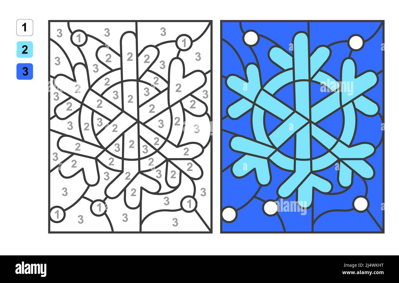 Snowflake color by numbers puzzle game for children education colors for drawing and learning mathematics stock vector image art