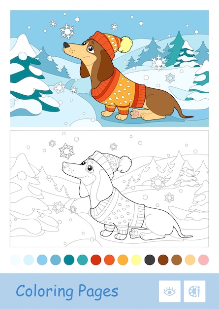 Premium vector colored template and colorless contour image of a dog in winter clothes playing with snowflakes on white background wild animals preschool kids coloring book illustrations and developmental activity