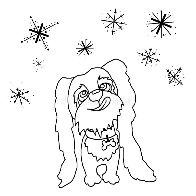 Coloring dog puppy catching snowflakes stock illustration