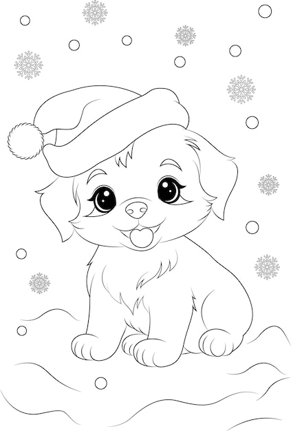 Premium vector coloring page a puppy in a santa hat playing in the snow