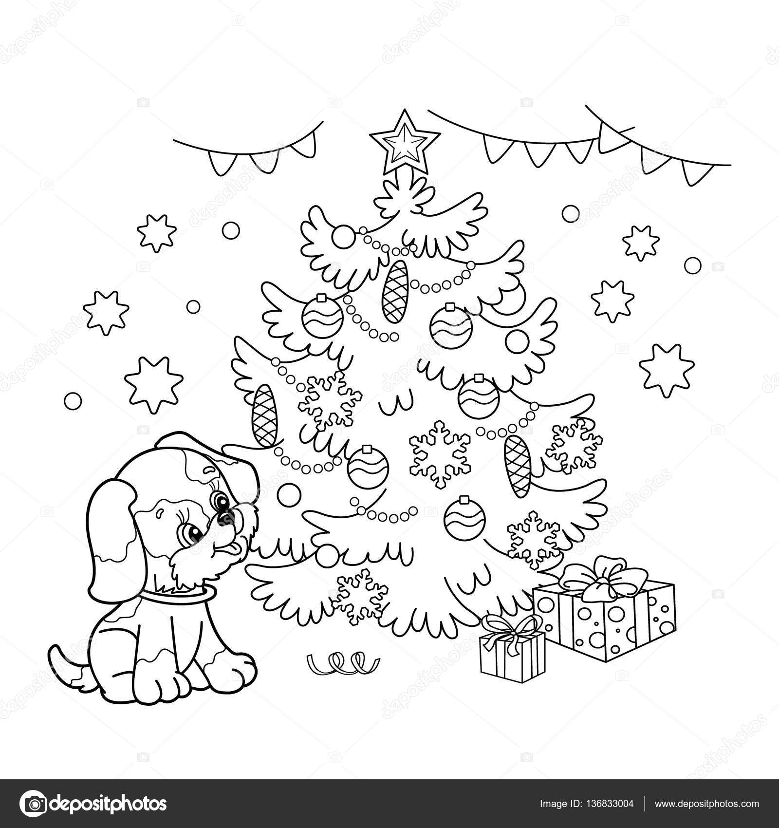 Coloring page outline of christmas tree with ornaments and gifts with puppy the year of the dog christmas new year coloring book for kids stock vector by oleon