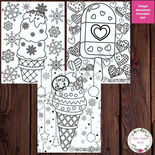 Winter months ice cream snowflakes hearts coloring pages seasons posters