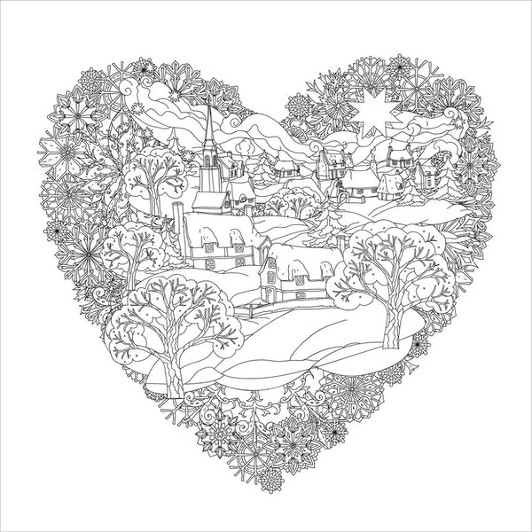 Winter village snowflake heart fabric panel â