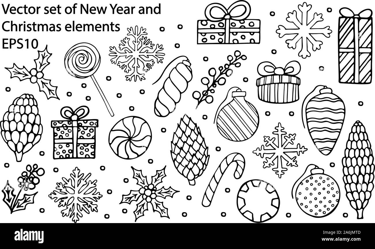 Vector hand drawn outline big set of new year and christmas gift box ornament candy lollipop cone snowflake and holly berry coloring book decora stock vector image art