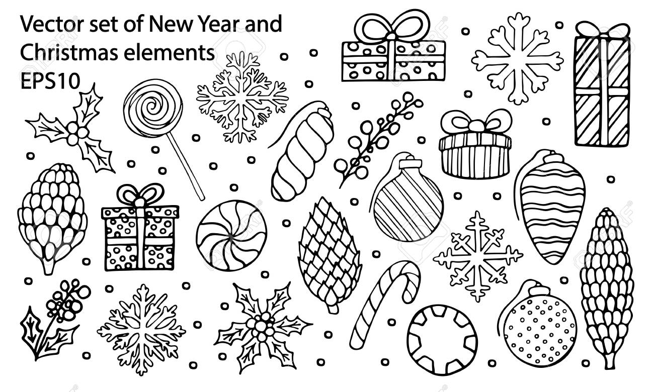 Vector hand drawn outline big set of new year and christmas gift box ornament candy lollipop cone snowflake and holly berry coloring book decorative design elements greeting card templates stock photo picture