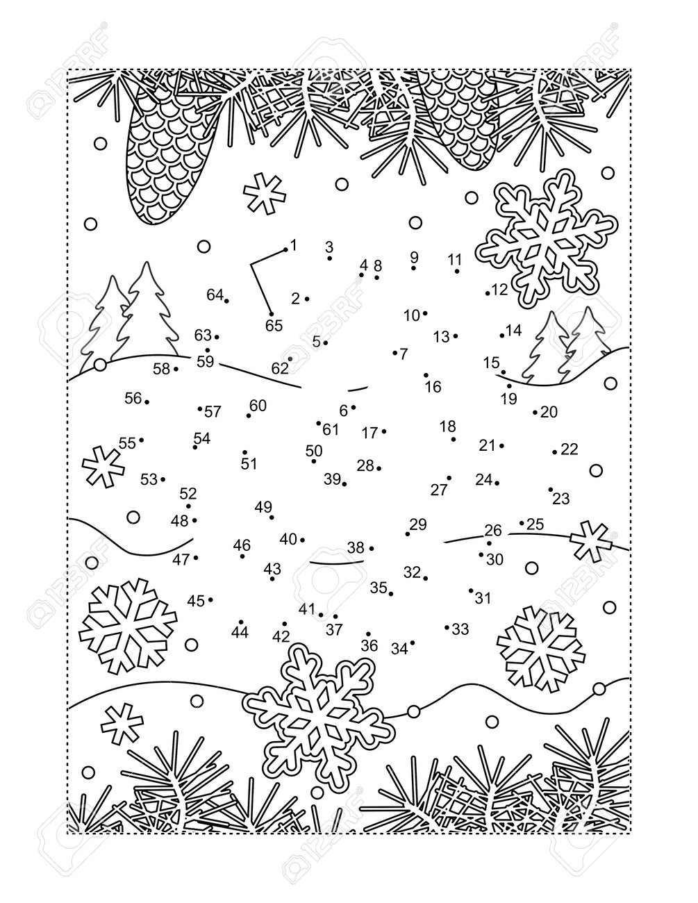 Snowflake connect the dots puzzle and coloring page full page activity sheet for kids and adults learning or reinforcing math basics of numbers and order royalty free svg cliparts vectors and stock