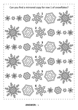 Winter puzzle and coloring page with rows of snowflakes can you find the row that is mirrored copy of row answer included royalty free svg cliparts vectors and stock illustration image