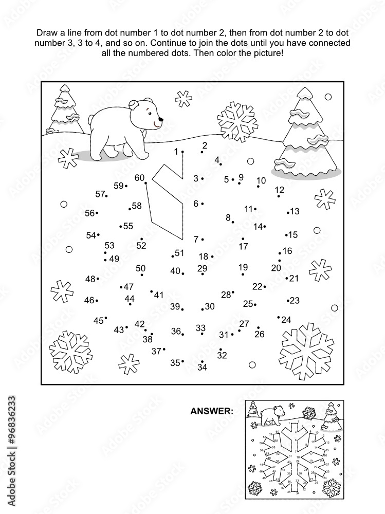 Winter new year or christmas themed connect the dots picture puzzle and coloring page