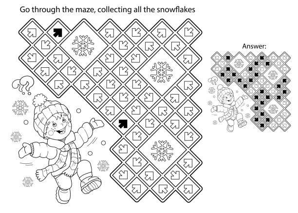 Maze or labyrinth game puzzle coloring page outline of cartoon boy jumping for joy first snow winter coloring book for kids stock illustration