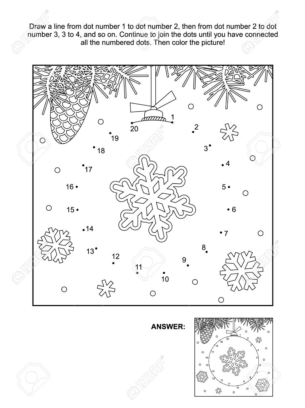 Winter new year or christmas themed connect the dots picture puzzle and coloring page