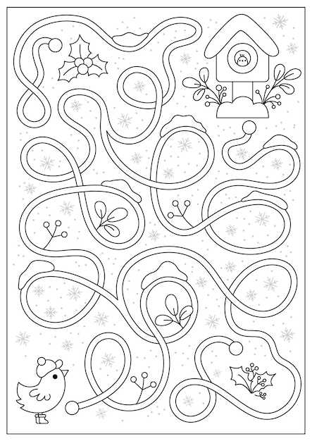 Premium vector christmas black and white maze for kids winter line holiday preschool printable activity with cute kawaii bird snowflakes birdhouse new year labyrinth game puzzle or coloring page