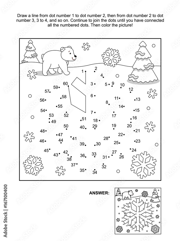Winter new year or christmas themed connect the dots picture puzzle and coloring page