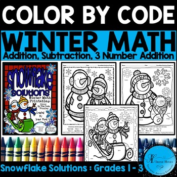 Winter math color by number code addition subtraction snowmen coloring pages